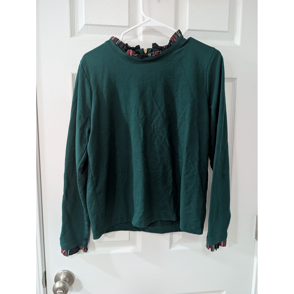 J. Crew, Wmns M Tartan Ruffle-Collar Pullover Blouse, Green, Crew Neck, Holiday - Picture 1 of 6